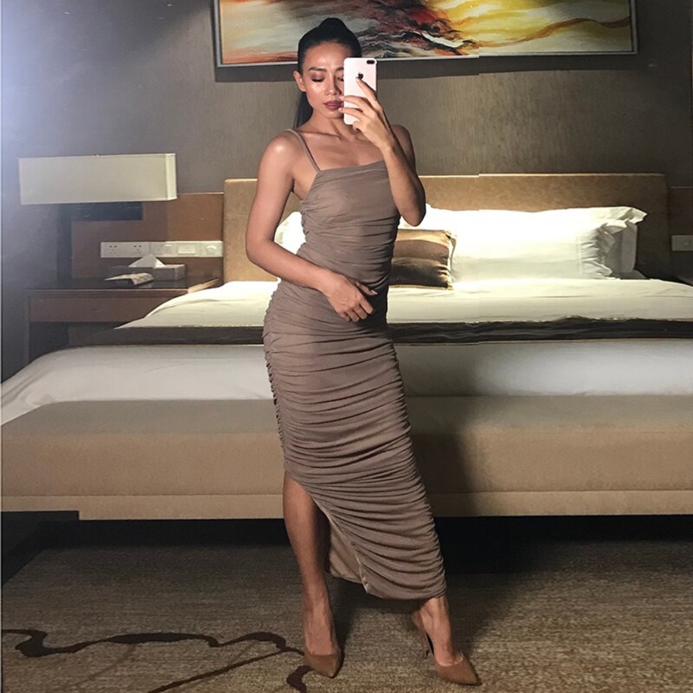 Light Brown Mesh Ruched Tube Cami Long Dress - Picture 2 of 8